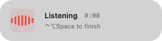 The actual koe recording indicator, showing Listening, elapsed time and the shortcut to finish